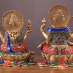 Pure Brass Ganesh Lakshmi Idols Pair with Meenakari Stonework - 12" Height